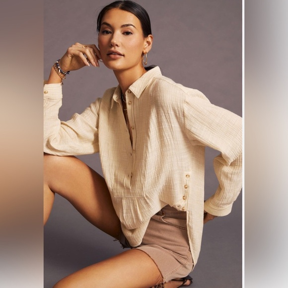 By Anthropologie Boho Gauzy Cotton V-Neck Side Button Popover Shirt Medium - Picture 14 of 14